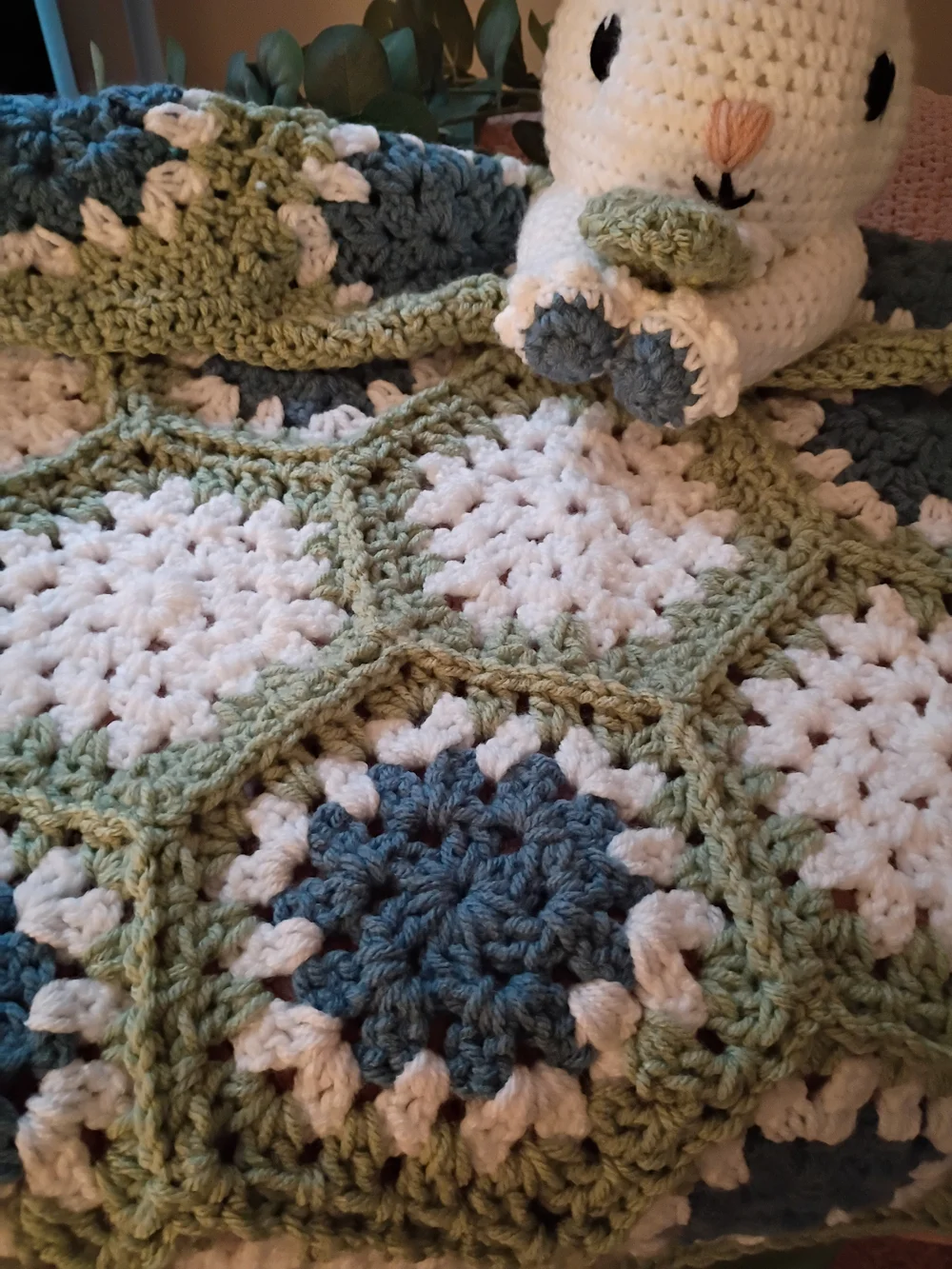 Handmade Bunny Lovey Blanket in White, Sage and Blue